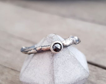 Black Diamond rings, Twig and diamond ring, rose cut rough diamond, dark diamond ring, woodland, elven, elf ring, forest ring, dainty ring