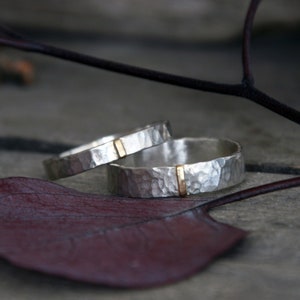Couples Ring Set, Silver & Gold Organic Wedding Bands Set: Hammered Textured Rings