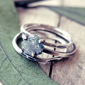 Clio Ring - Raw diamond rings set, Conflict free ethically sourced organic ring, something blue, rustic, alternative wedding ring