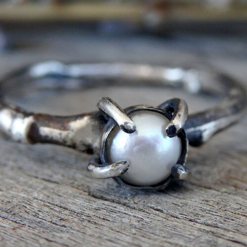 Natural Sea Pearl ring in solid silver real twig, solitaire pearl ring, elvish ethereal ring ideal as a promise or shops engagement ring