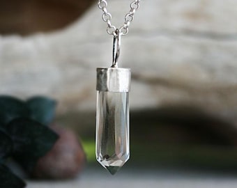 Quartz Crystal Point Pendant Necklace: Clear Stone Pendant in Chain / Wax Cord