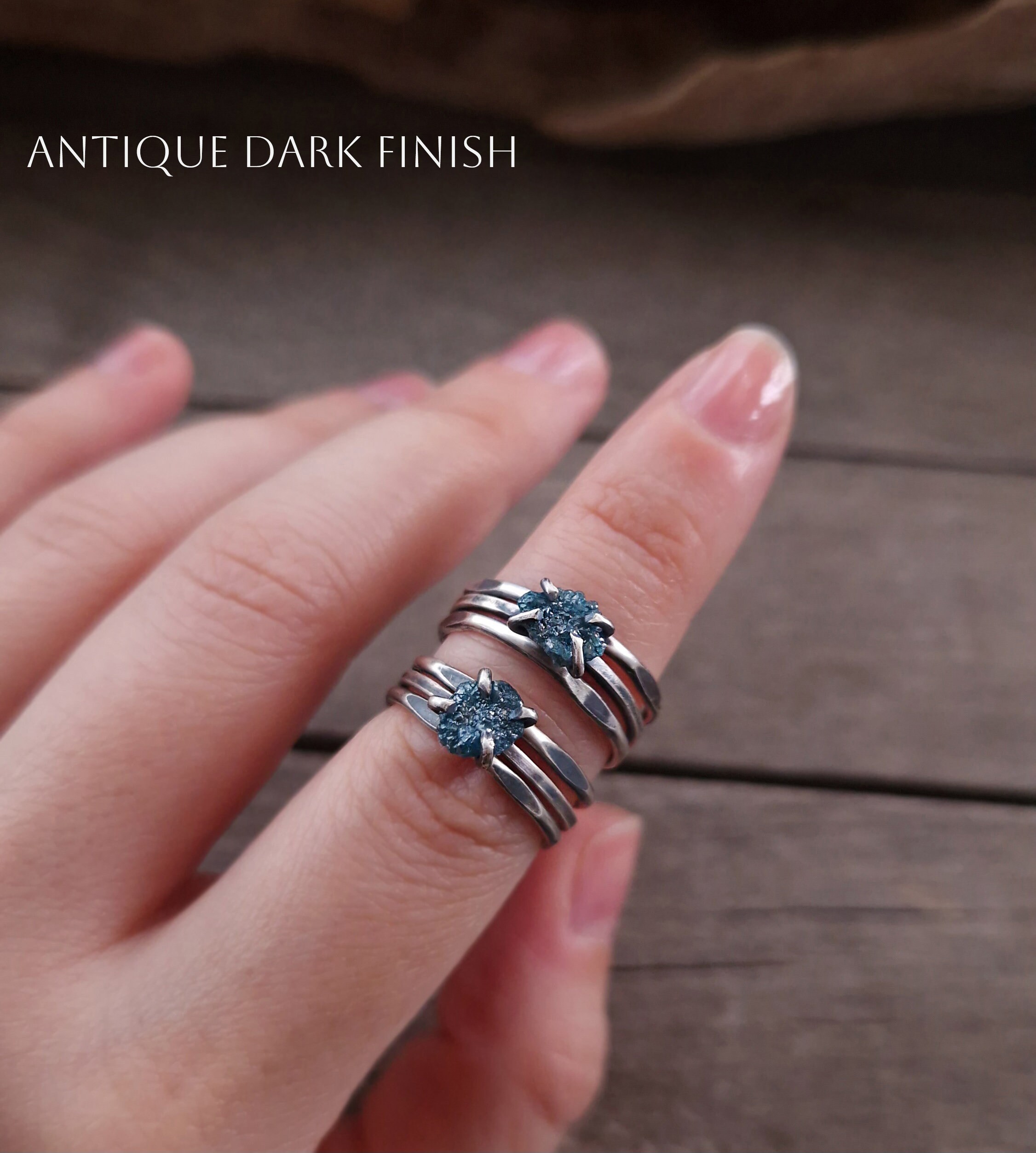Bague De Fiançailles Diamant Brut Bleu 2.05 CTS - Argent 925 - Taille 7.5 - Non Taillé