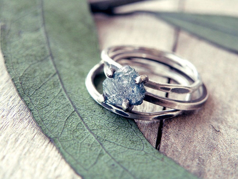 Clio Ring Raw diamond rings set, Conflict free ethically sourced organic ring, something blue, rustic, alternative wedding ring image 1