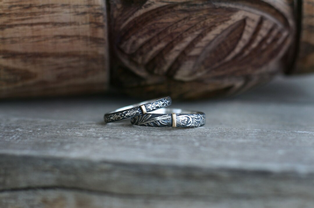 Medieval Sterling Silver Wedding / Promise Rings Set, 18K Gold Accent ...
