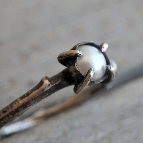Natural Sea Pearl ring in solid silver real twig, solitaire pearl ring, elvish ethereal ring ideal as a promise or shops engagement ring