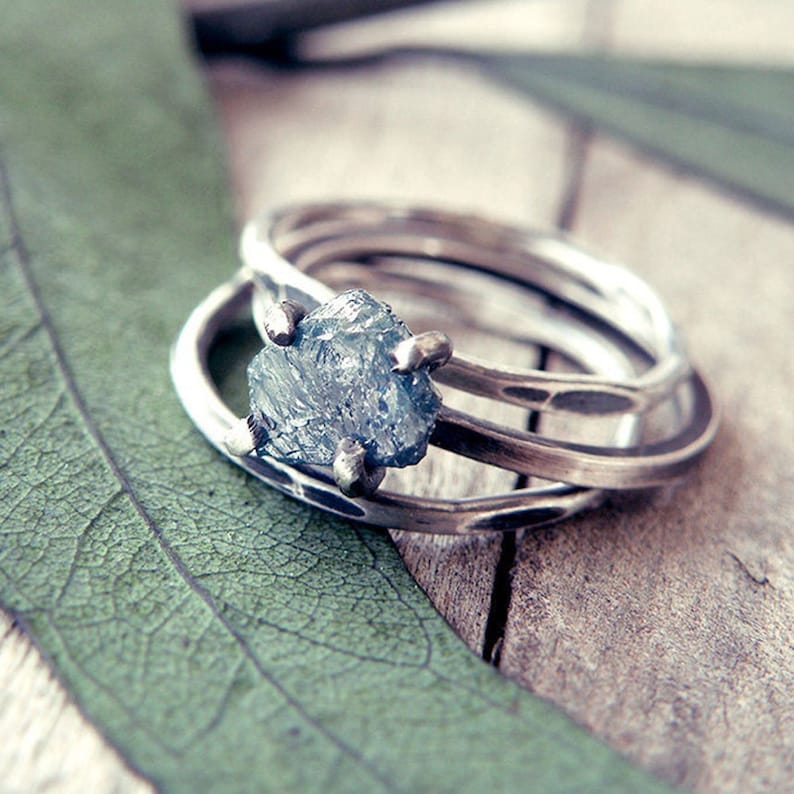 Clio Ring Raw diamond rings set, Conflict free ethically sourced organic ring, something blue, rustic, alternative wedding ring image 1