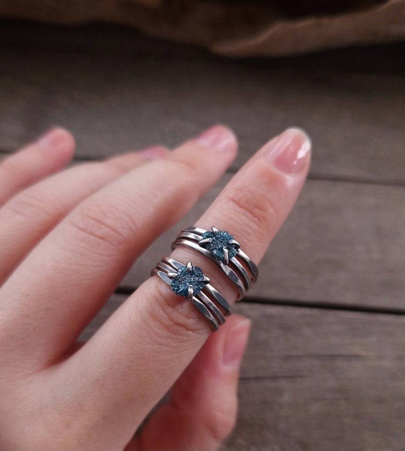 Clio Ring Raw diamond rings set, Conflict free ethically sourced organic ring, something blue, rustic, alternative wedding ring image 2