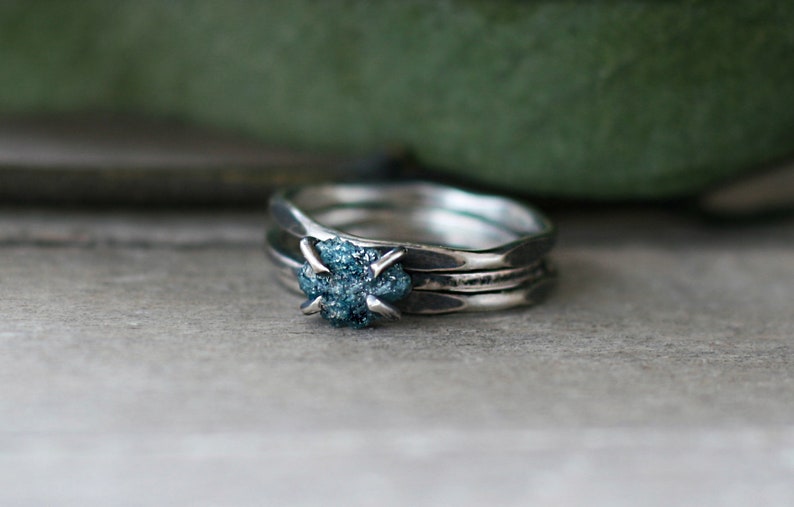 Clio Ring Raw diamond rings set, Conflict free ethically sourced organic ring, something blue, rustic, alternative wedding ring image 7