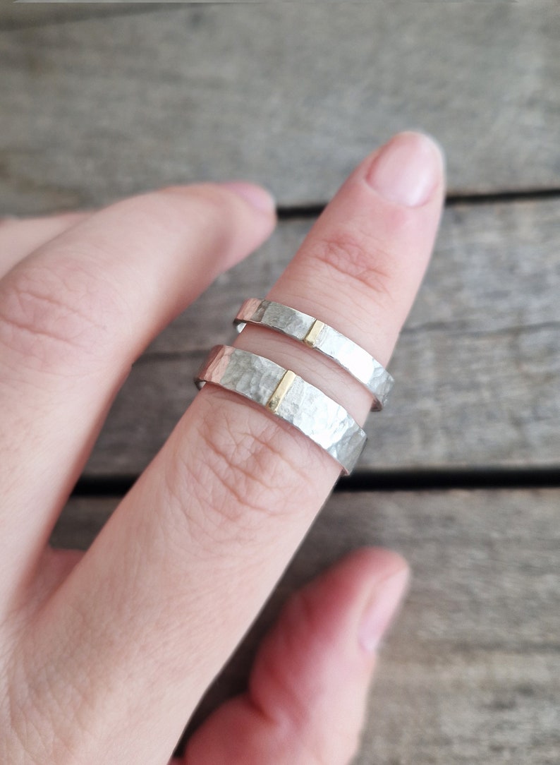 Wedding bands set, organic wedding rings set, 3mm & 5mm wide ring in hammered sterling silver with 18k gold, unisex band ring, wedding ring image 5