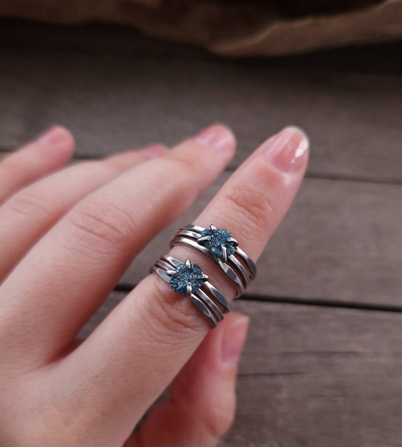 Clio Ring Raw diamond rings set, Conflict free ethically sourced organic ring, something blue, rustic, alternative wedding ring image 5