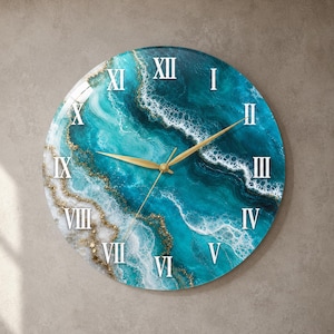 Moderne Wanduhr, türkisfarbenes Lagunen-Harz-Wellenmotiv, Küstendekor