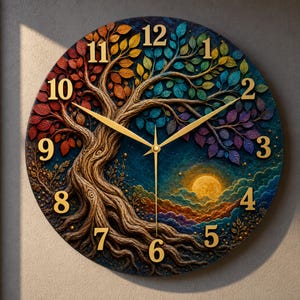Könnte beinhalten: Eine runde Wanduhr mit einem strukturierten, knorrigen Baum mit bunten Blättern in Rot-, Orange-, Gelb-, Blau- und Violetttönen. Eine goldene Sonne leuchtet vor einem dunkelblauen Himmel am unteren Rand. Die Uhr hat goldene Ziffern und Zeiger.