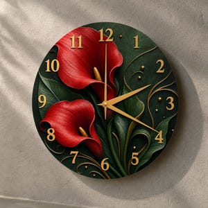 May include: A round wall clock featuring a dark green background with two large red calla lily flowers and green leaves. The clock face displays gold-colored numerals from 1 to 12 and matching gold-colored hour, minute, and second hands.
