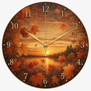 Horloge murale érable d'automne, décoration nature, verre trempé, tons chauds de la terre