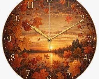 Horloge murale érable d'automne, décoration nature, verre trempé, tons chauds de la terre