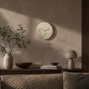 Boho-Chic-Stil, botanische Uhr | Salbeigrünes Sicherheitsglas – geräuschloses Uhrwerk, minimalistisches Liniendesign