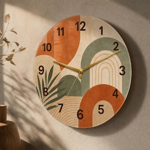 Earthy Boho Abstract Arches Glass Wall Clock, Sage Terracotta Statement Art