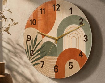 Earthy Boho Abstract Arches Glass Wall Clock, Sage Terracotta Statement Art