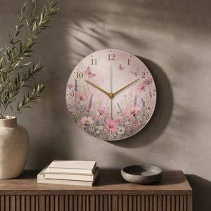 Floral wall clock, Pastel wildflower glass design, Silent movement for bedrooms