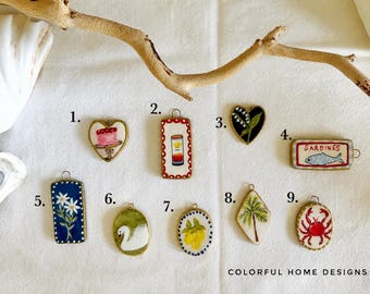 Hand Painted Polymer Clay Charm | Miniature Food, Coastal, Nature Pendant, Gold Trimmed Necklace Charm