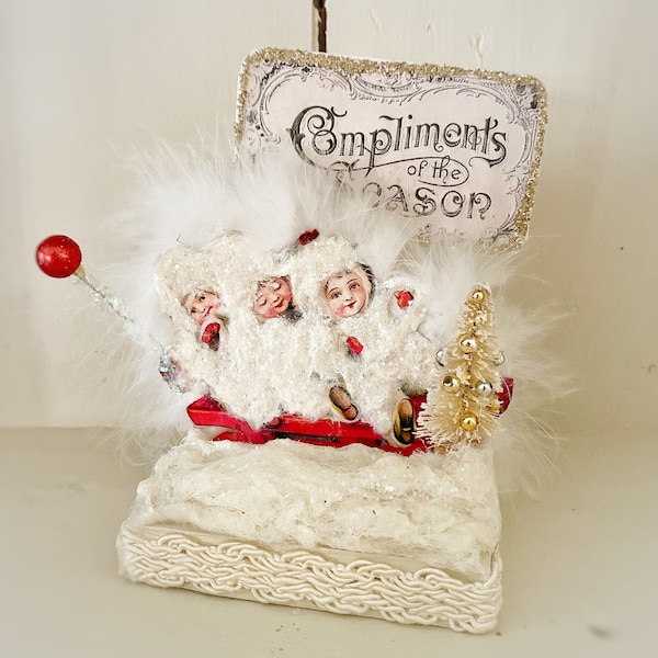 Vintage Christmas Assemblage, Victorian Children Holiday Vignette, Xmas Diorama, Hand Made Xmas Scene, Shelf Sitter