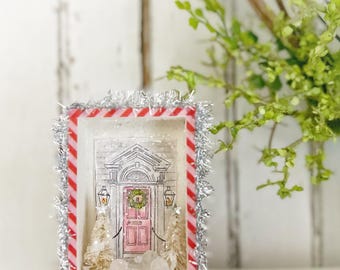 Vintage Christmas Shadow Box Diorama: Christmas Scene, Snowy Xmas House Assemblage