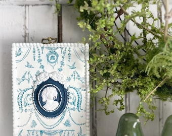 Blue White Cameo Plaque: French Cottage Toile Inspired Wall Art Accent