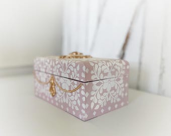 Vintage Pink Jewelry Box: Cottagecore Stenciled Bone Inlay Design Hand Painted