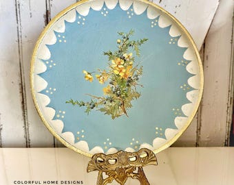 Decorative Hand Painted Wood Plate Cottage Core Floral Wall Decor
