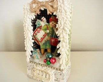 Christmas Assemblage  Handmade Victorian Vintage Style Holiday Diorama Shadow Box Christmas Scene Decor
