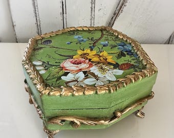 Hand-Painted Green Floral Jewelry Box: Vintage Wood Keepsake Storage, Cottagecore Style