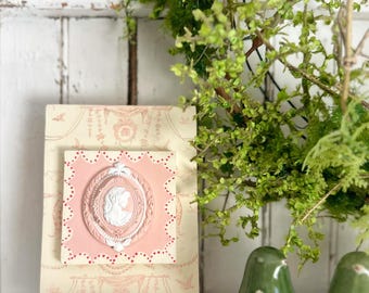 Pink White Cameo Plaque: French Cottage Toile Inspired Wall Art Accent