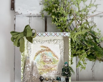 Vintage Christmas Diorama, Handmade Winter Wonderland Cigar Box