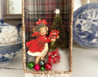Christmas Assemblage  Handmade Victorian Vintage Style Holiday Diorama Shadow Box Christmas Scene Decor