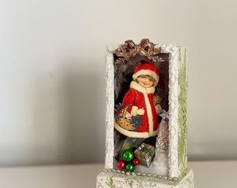 Christmas Diorama Vintage Style Handmade Victorian Children Holiday Scene, Xmas Shadow Box