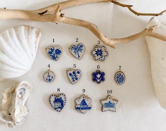 Hand-Painted Blue White Polymer Clay Charm – Coastal Cottagecore Necklace Pendant