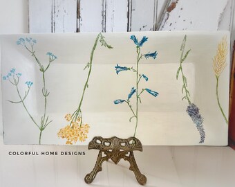 Decorative Floral Wood Tray Hand Painted White Wildflower Wall Hanging