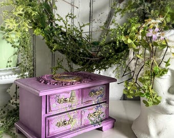 Hand-Painted Floral Jewelry Box | Upcycled Music Box, Lavender Cottagecore Keepsake Storage