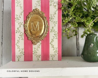 Personalized Floral Monogram Wall Charm, Hand-Painted Gold Leaf Plaque