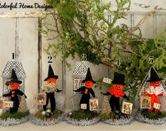 Handmade Halloween Pumpkin People, Folk Art Halloween Decor, Whimsical Pumpkin Figurines, Halloween Mantel Decor