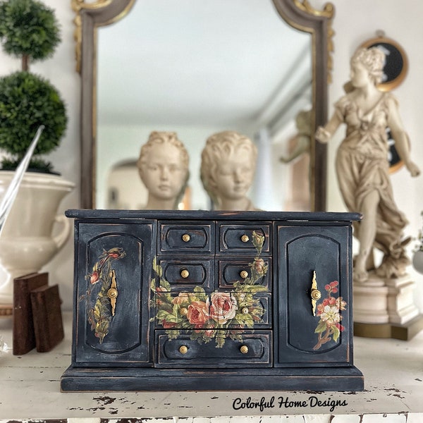 Vintage Hand Painted Cottage Core Shabby Chic Jewelry Box Dark Blue Floral Jewelry Dresser Chest OOAK Jewelry Armoire