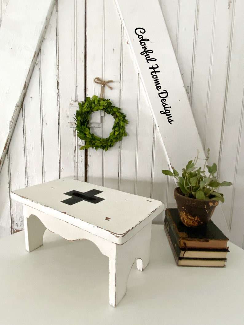 Vintage Primitive Farmhouse Cottage Style Step Stool, Swiss Cross Small