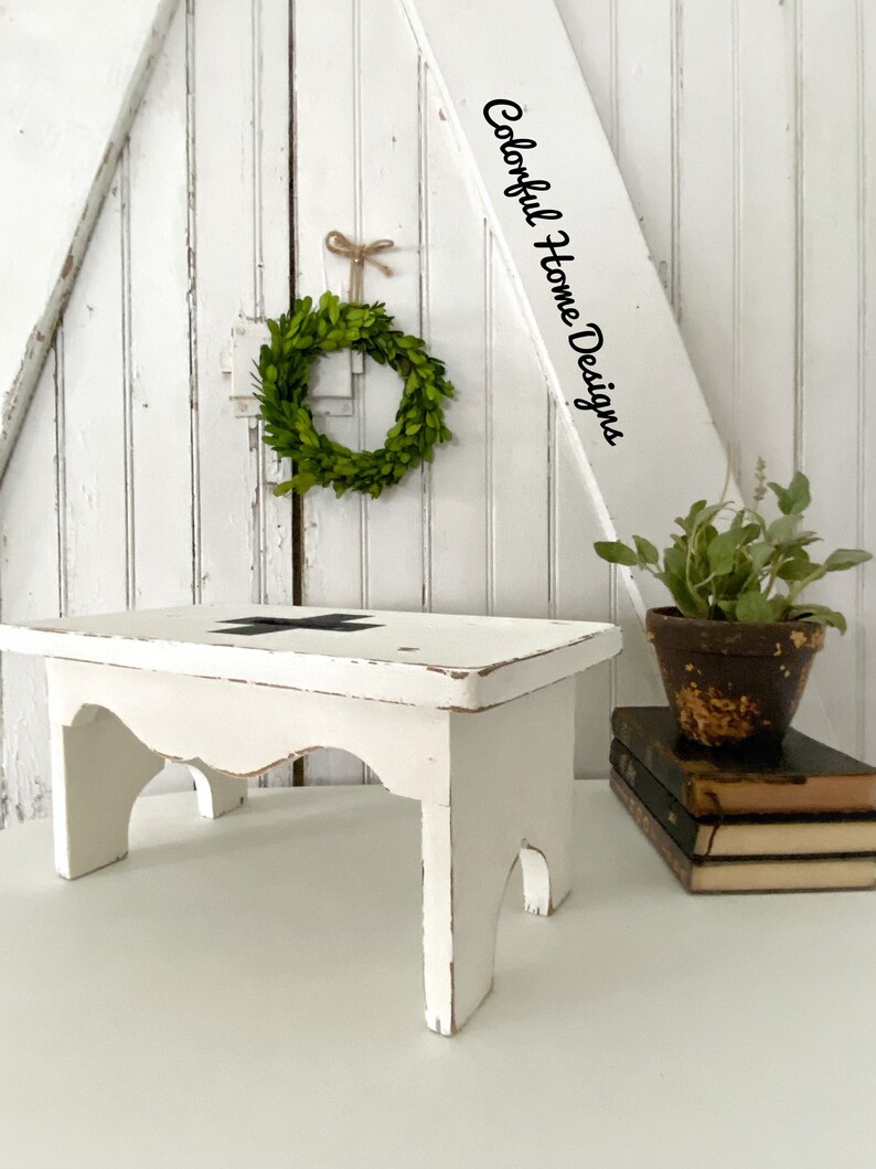 Vintage Primitive Farmhouse Cottage Style Step Stool, Swiss Cross Small