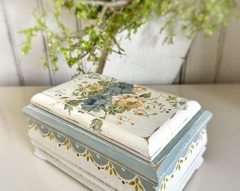 Hand-Painted Cottage Floral Keepsake Box | Vintage Jewelry Trinket Storage