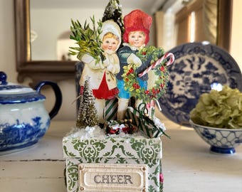 Christmas Assemblage Paper Mache’ Gift Box Handmade Victorian Children Vintage Style Holiday Diorama Christmas Scene Decor
