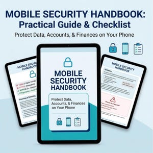 Pode incluir: Três tablets exibem o Mobile Security Handbook: Practical Guide & Checklist. A tela central mostra o título, um ícone de cadeado, um smartphone e uma lista de verificação. As telas laterais mostram dicas de segurança detalhadas e texto.