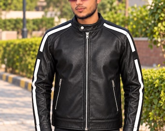 May include: A black leather jacket featuring a stand-up collar with a snap button, a full-length silver front zipper, and two side pockets with silver zippers. The sleeves are accented with a prominent white vertical stripe running down each arm.