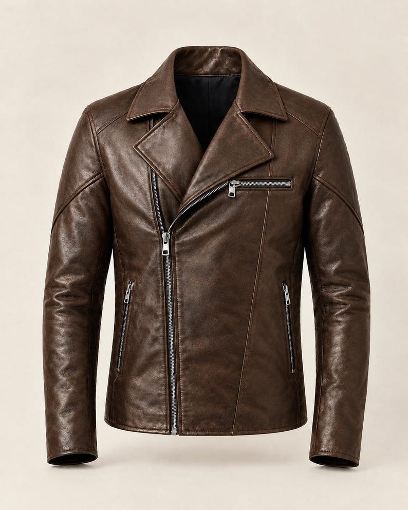 May include: A dark brown leather motorcycle jacket featuring an asymmetrical front zipper closure, a wide notched lapel collar, and three silver-toned zippered pockets on the front. The jacket has long sleeves with structured seams and a smooth finish.