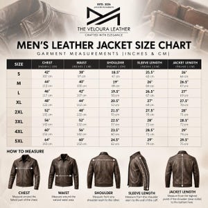 May include: A size chart for leather jackets by The Veloura Leather, featuring a table with chest, waist, shoulder, sleeve, and jacket length measurements in inches and cm for sizes S to 5XL, alongside diagrams illustrating how to measure.