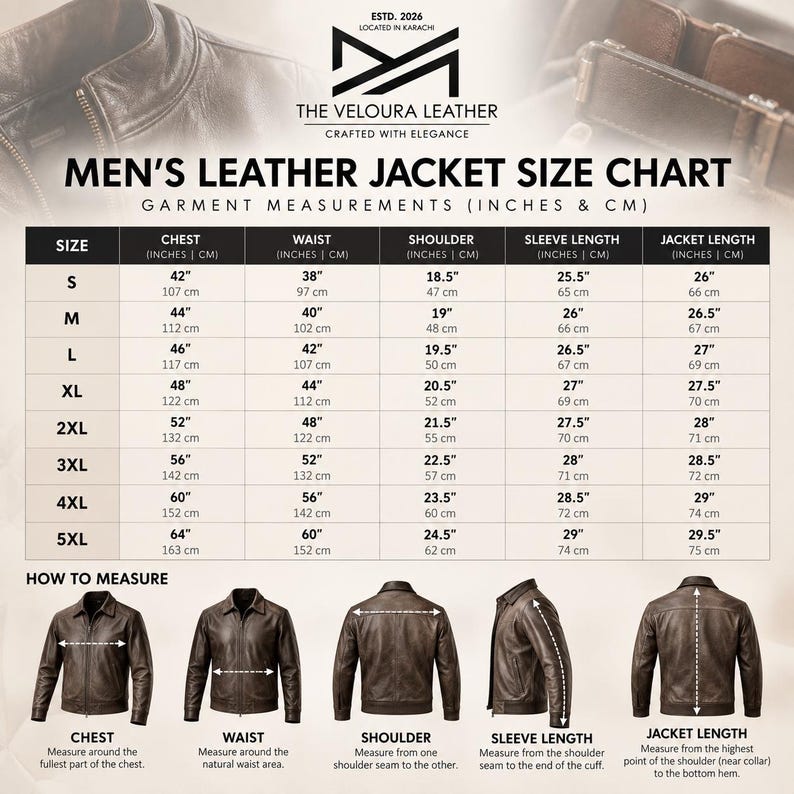 May include: A size chart for leather jackets by The Veloura Leather, featuring a table with chest, waist, shoulder, sleeve, and jacket length measurements in inches and cm for sizes S to 5XL, alongside diagrams illustrating how to measure.